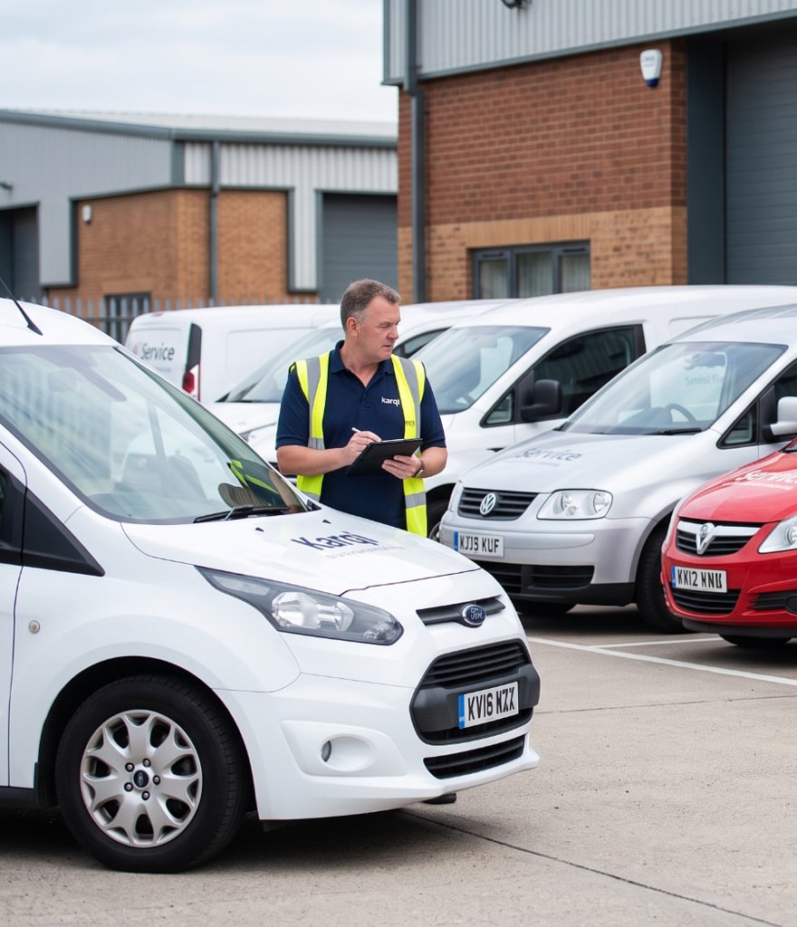 Technician carrying out a walkaround check on a van in front of a row of fleet vehicles